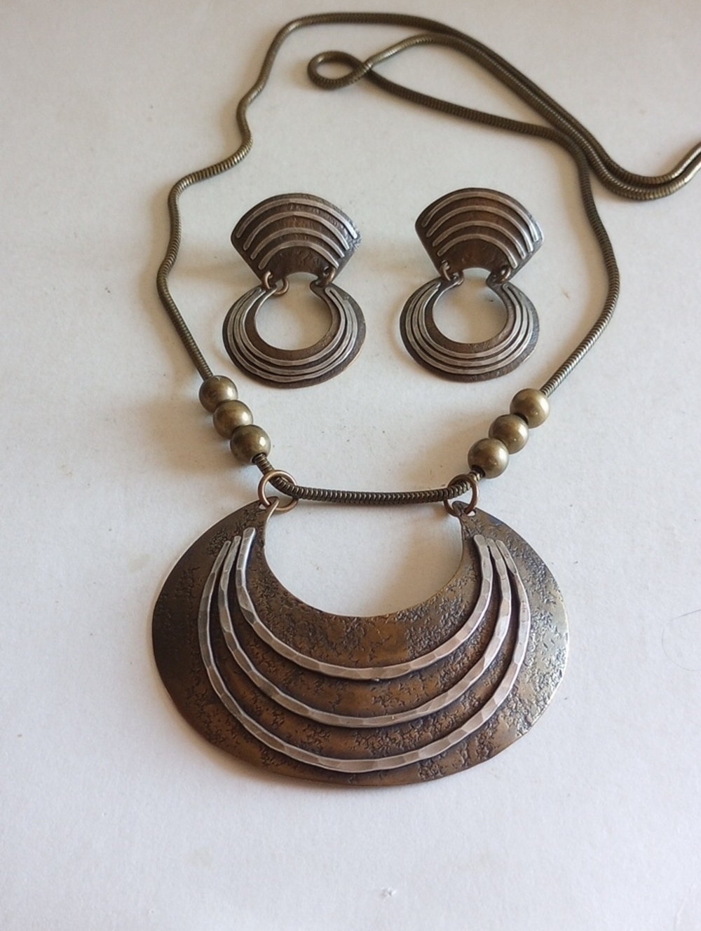 Vintage Modernist designer BAER S.F. NECKLACE EARRINGS SET Mix Metals